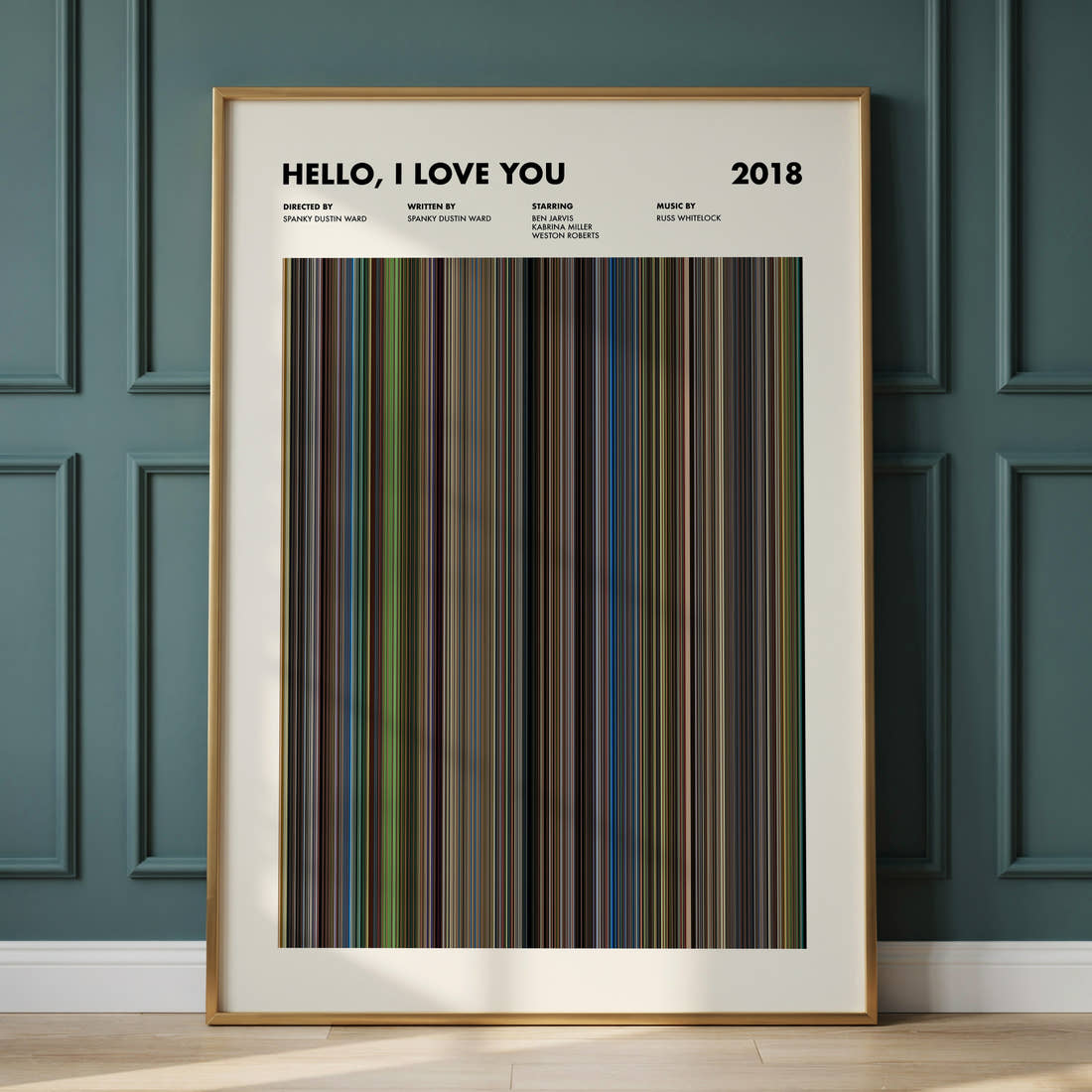 Hello, I Love You Movie Barcode Poster framed and leaning against a panelled wall
