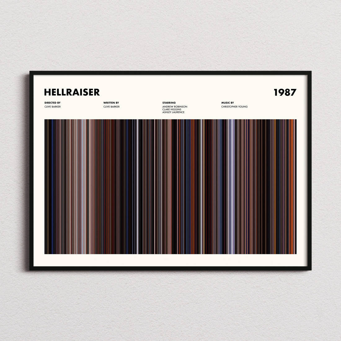 Hellraiser Movie Barcode Poster framed and photographed straight on
