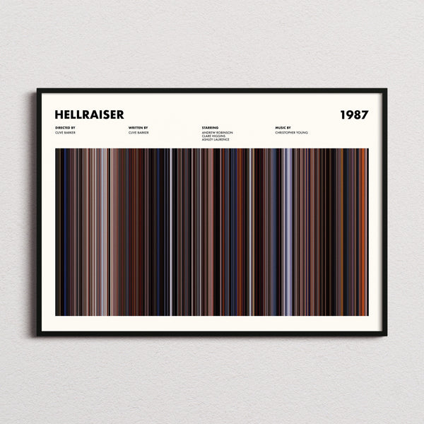 Hellraiser Movie Barcode Poster framed and photographed straight on