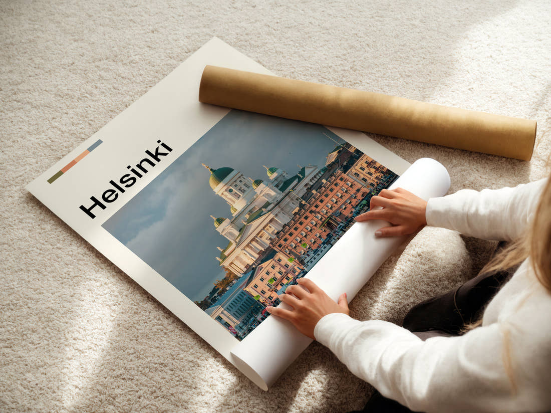 Helsinki Domed Cathedral Travel Print being unrolled from its postal tube