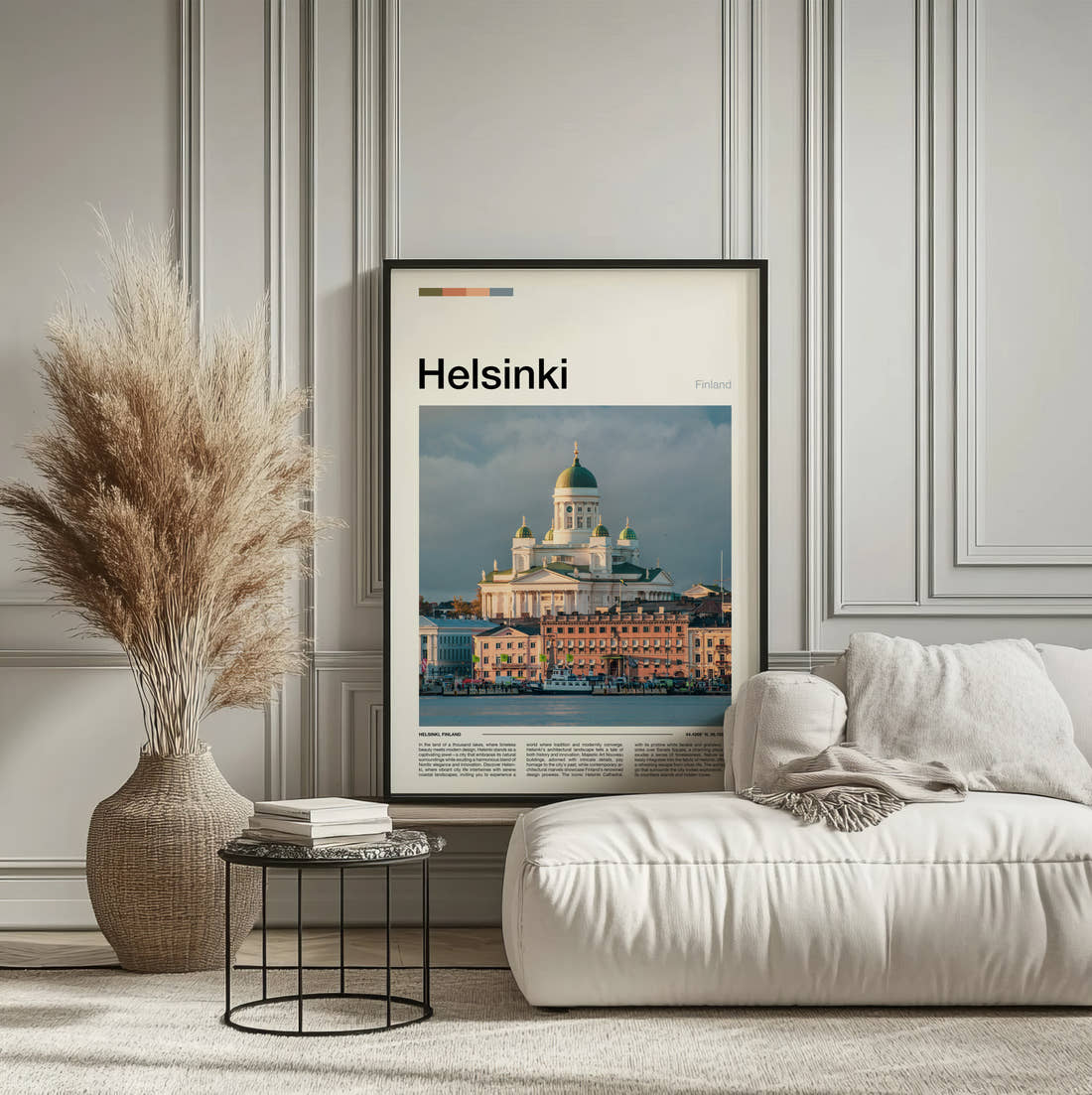 Helsinki Domed Cathedral Travel Print framed on the wall of a calm, neutral bedroom