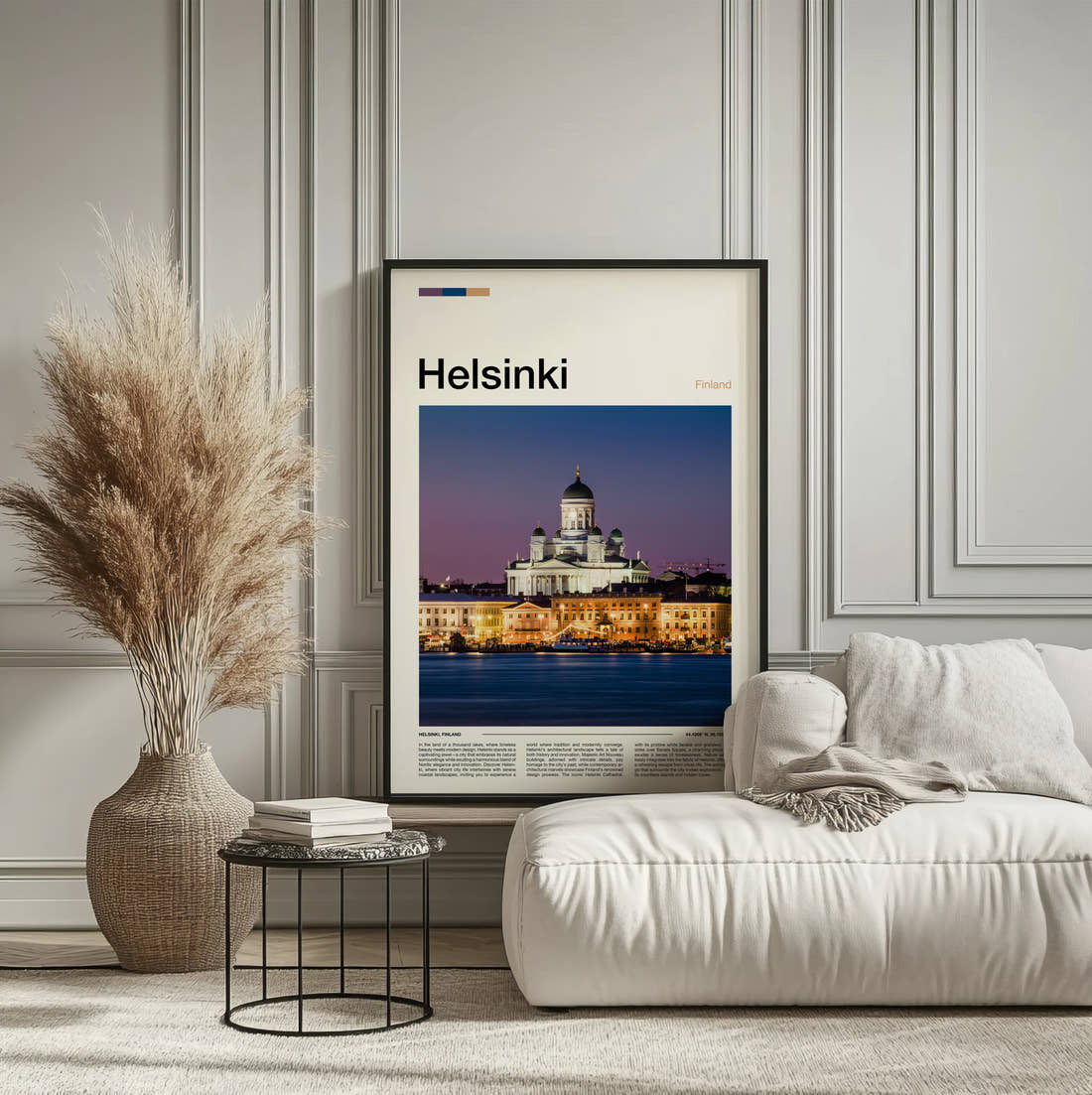 Helsinki Cathedral At Night Travel Print framed on the wall of a calm, neutral bedroom