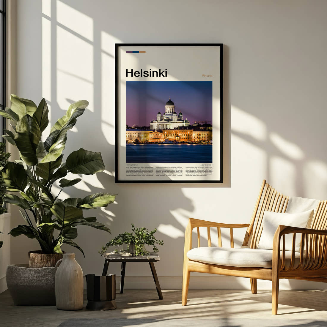 Helsinki Cathedral At Night Travel Print framed on a pale wall beside houseplants