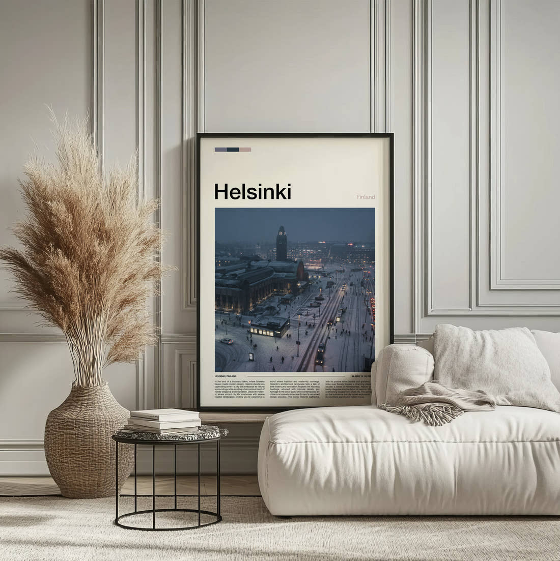 Helsinki Snowy City Square Travel Print framed on the wall of a calm, neutral bedroom