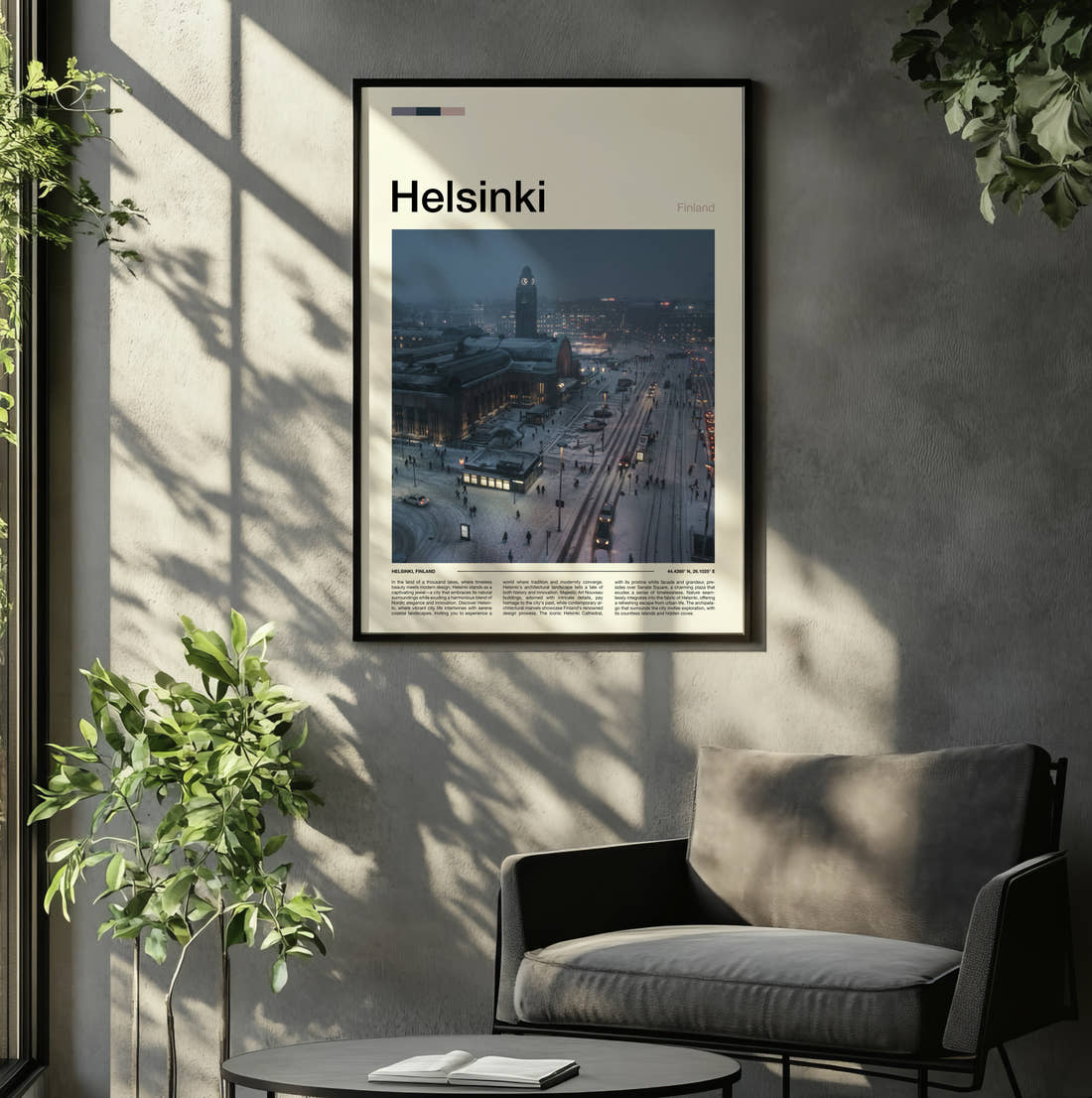 Helsinki Snowy City Square Travel Print framed on the wall of a relaxed living room