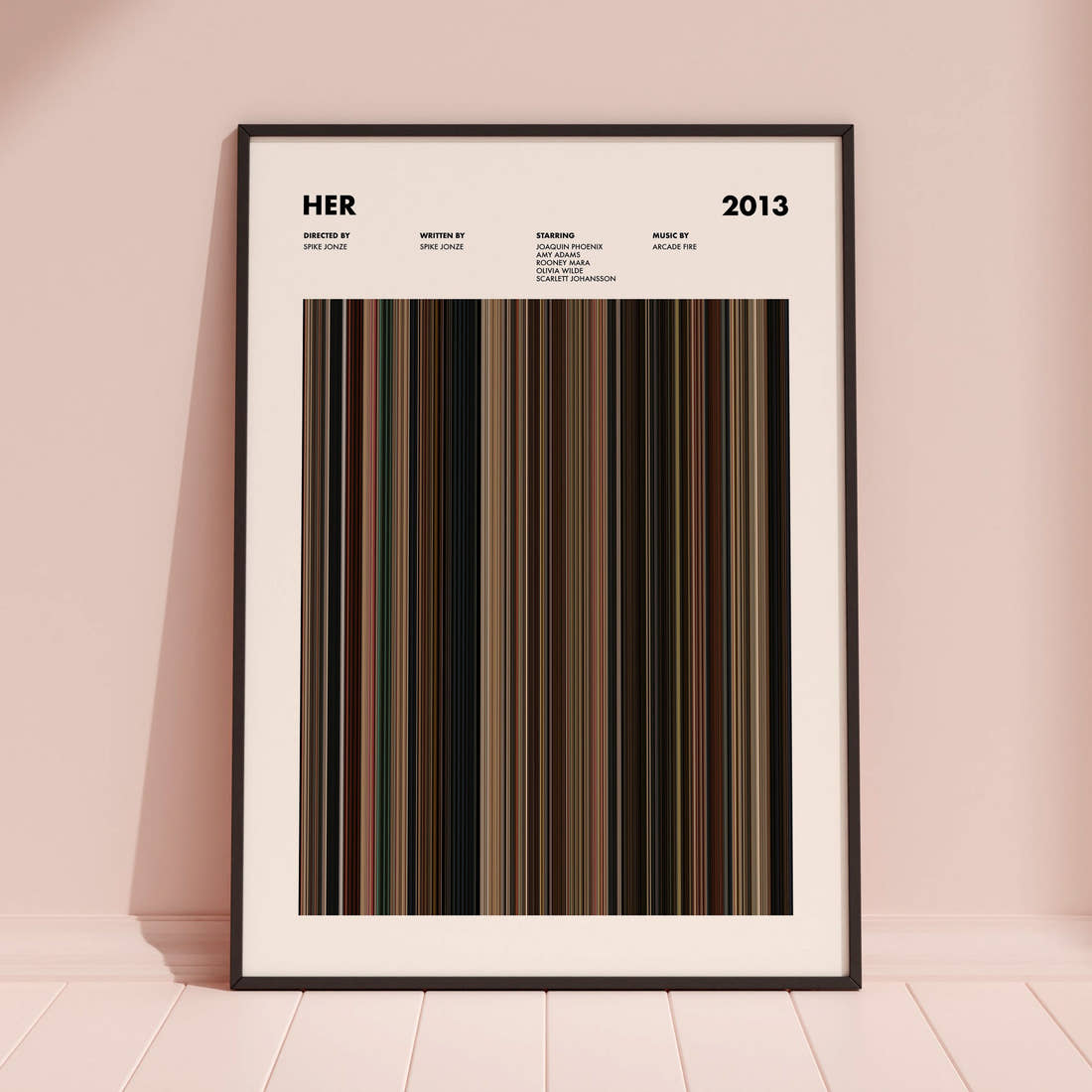 Her Movie Barcode Poster framed and leaning against a coloured wall