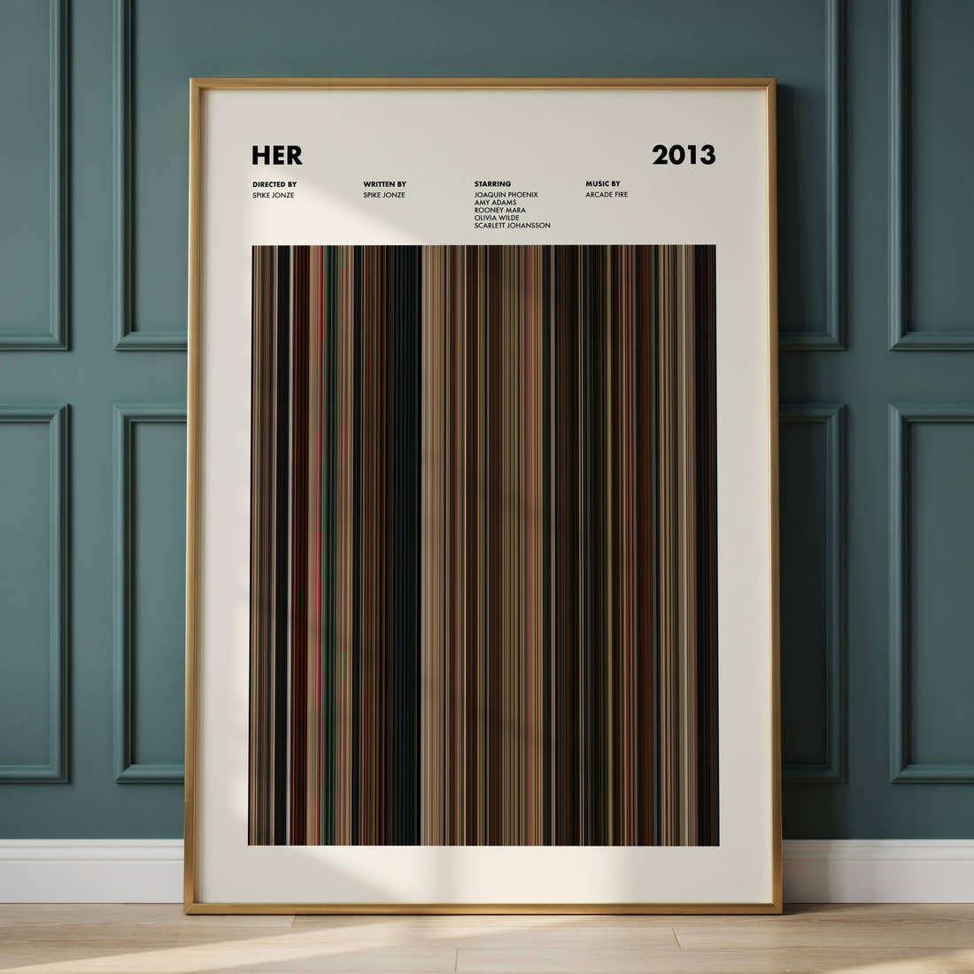Her Movie Barcode Poster framed and leaning against a panelled wall