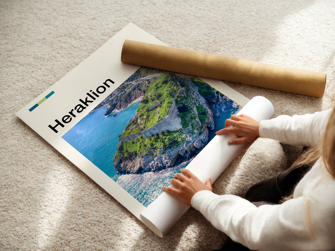 Heraklion Rocky Islet Travel Print being unrolled from its postal tube