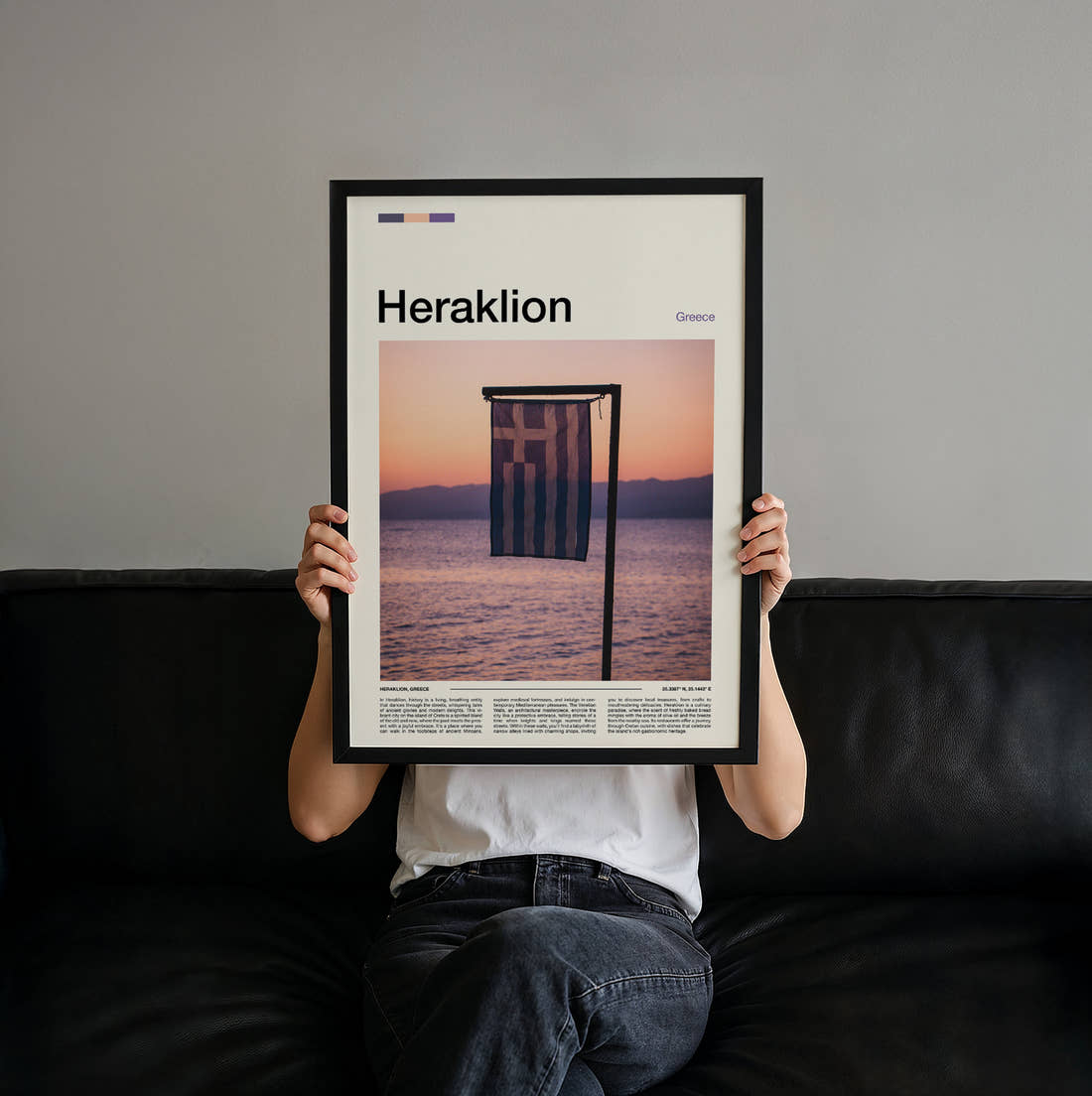 Heraklion Greek Flag Travel Print held up by hand to show the size of the print