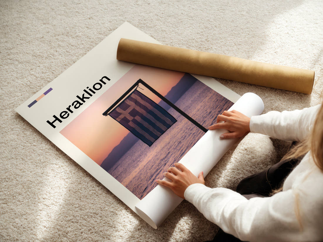 Heraklion Greek Flag Travel Print being unrolled from its postal tube