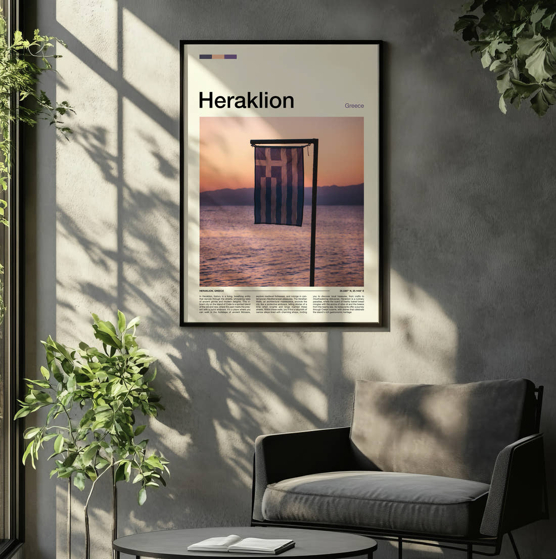 Heraklion Greek Flag Travel Print framed on the wall of a relaxed living room