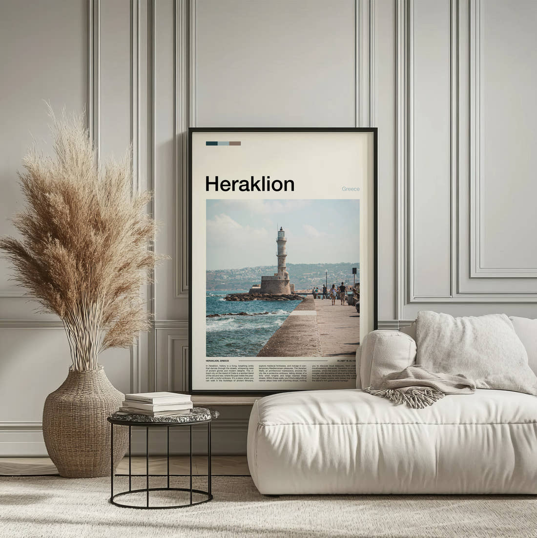 Heraklion Lighthouse On The Pier Travel Print framed on the wall of a calm, neutral bedroom