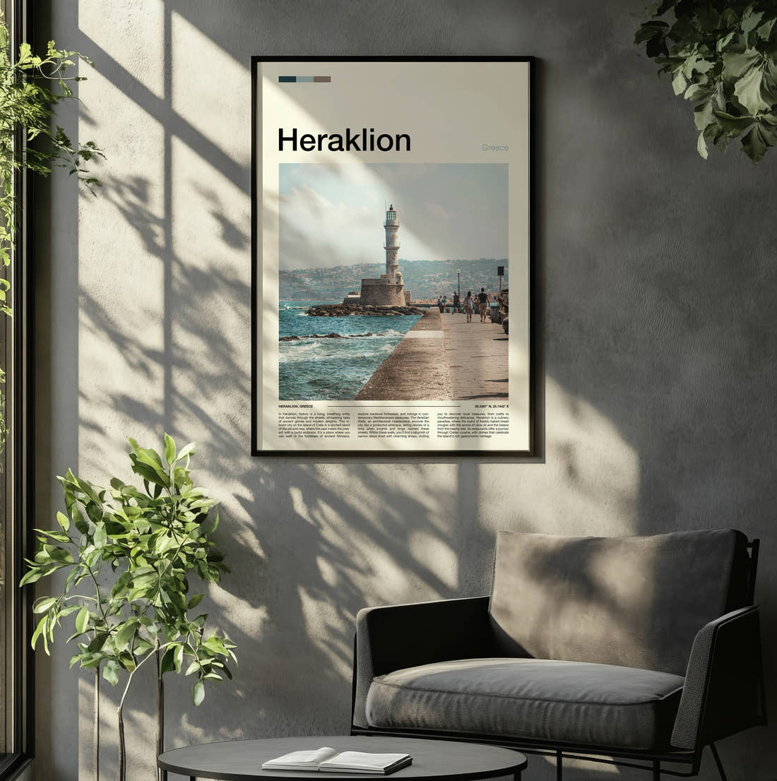 Heraklion Lighthouse On The Pier Travel Print framed on the wall of a relaxed living room