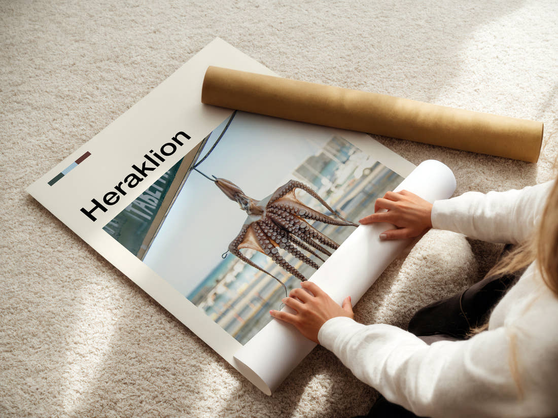 Heraklion Octopus Drying Travel Print being unrolled from its postal tube