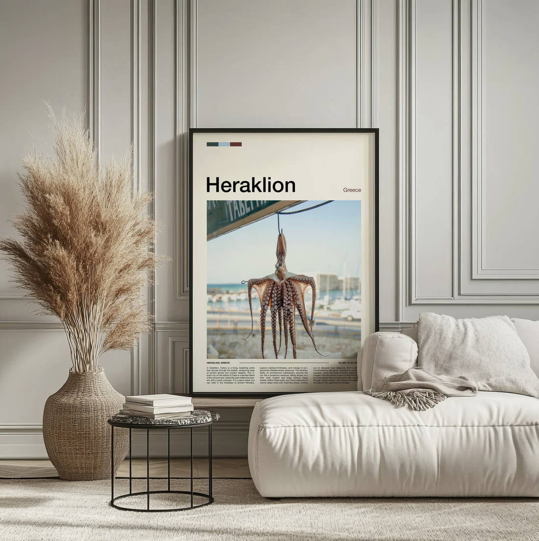 Heraklion Octopus Drying Travel Print framed on the wall of a calm, neutral bedroom