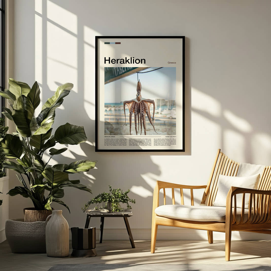 Heraklion Octopus Drying Travel Print framed on a pale wall beside houseplants