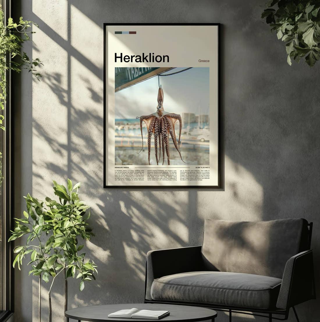 Heraklion Octopus Drying Travel Print framed on the wall of a relaxed living room