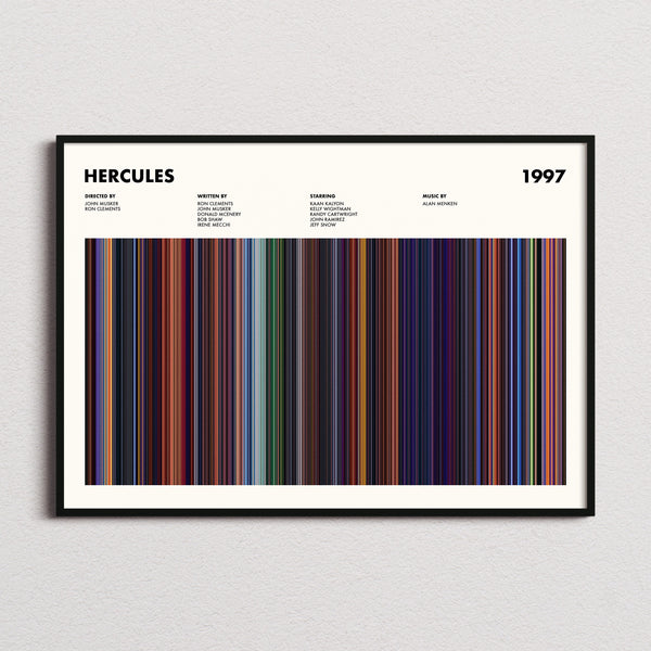 Hercules Movie Barcode Poster framed and photographed straight on