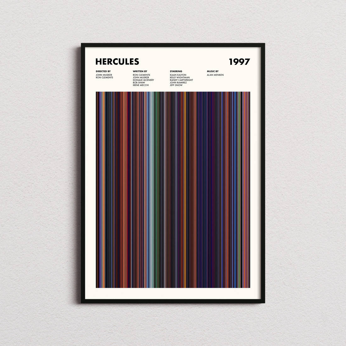 Hercules Movie Barcode Poster framed on a plain studio wall
