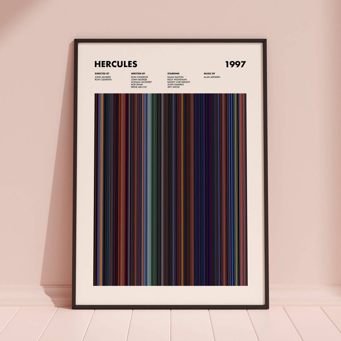 Hercules Movie Barcode Poster framed and leaning against a coloured wall