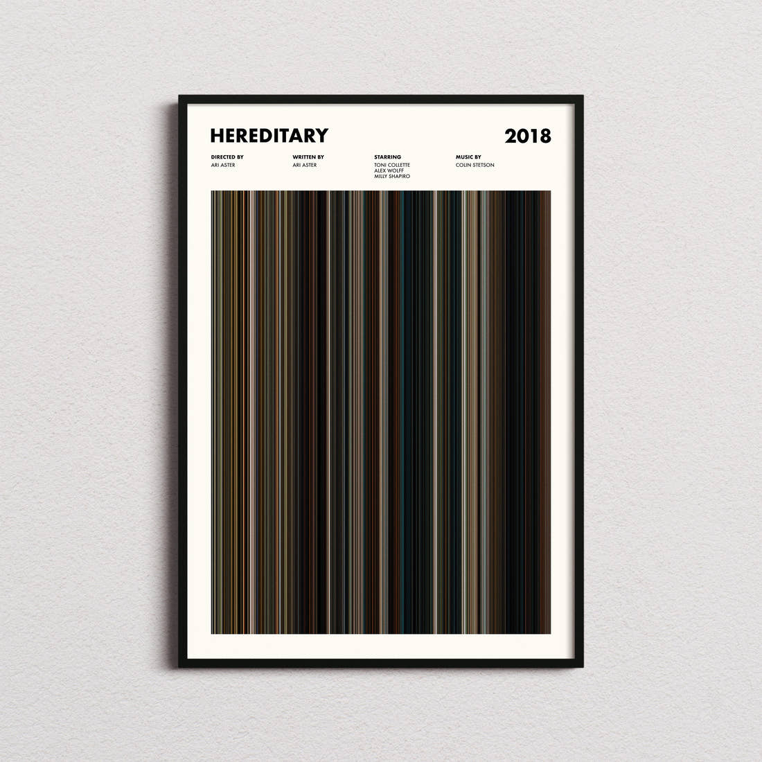Hereditary Movie Barcode Poster framed on a plain studio wall