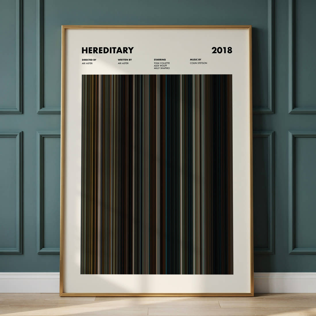 Hereditary Movie Barcode Poster framed and leaning against a panelled wall