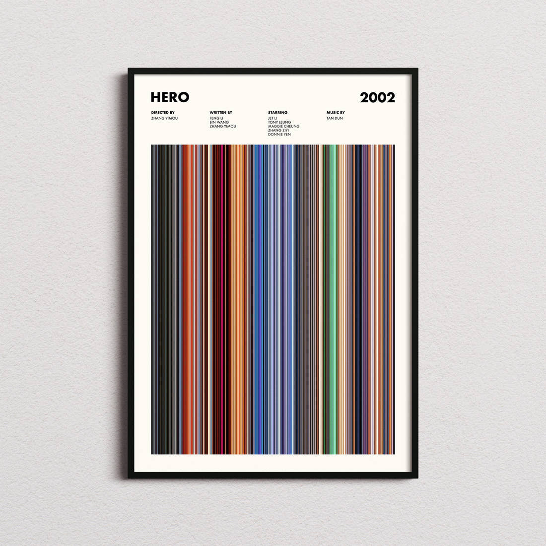 Hero Movie Barcode Poster framed on a plain studio wall