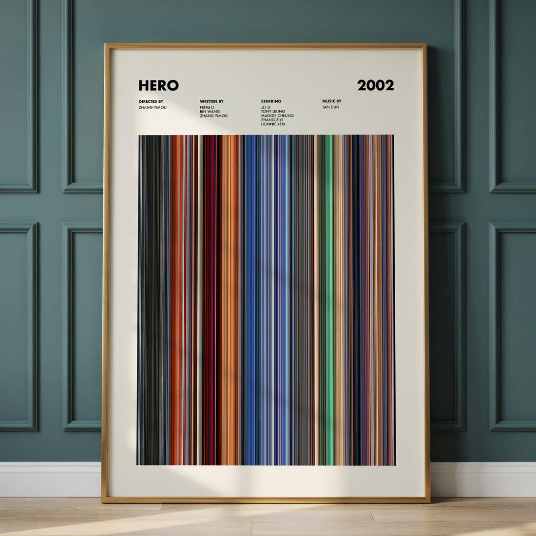 Hero Movie Barcode Poster framed and leaning against a panelled wall