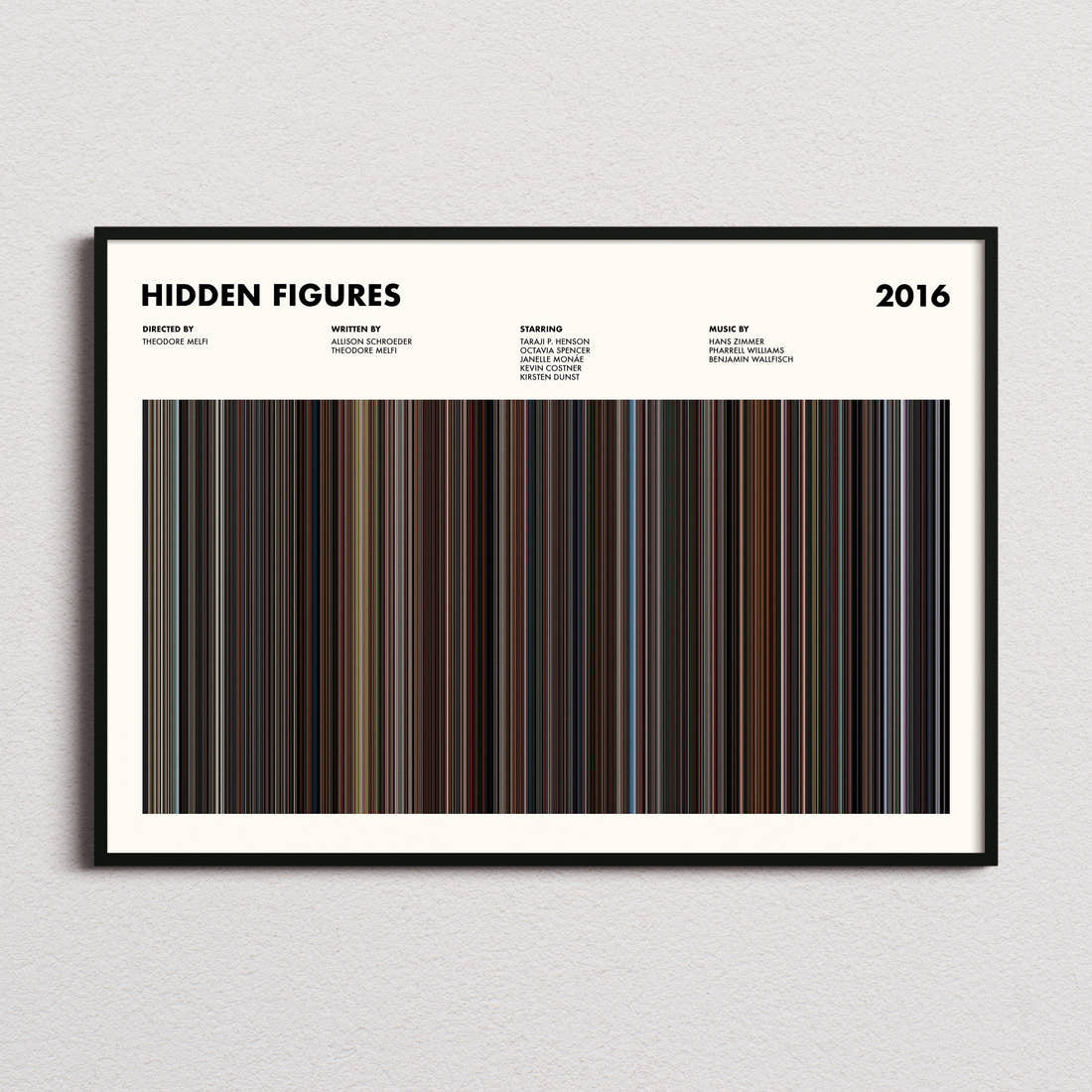 Hidden Figures Movie Barcode Poster framed and photographed straight on