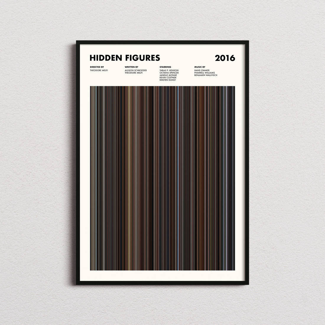 Hidden Figures Movie Barcode Poster framed on a plain studio wall