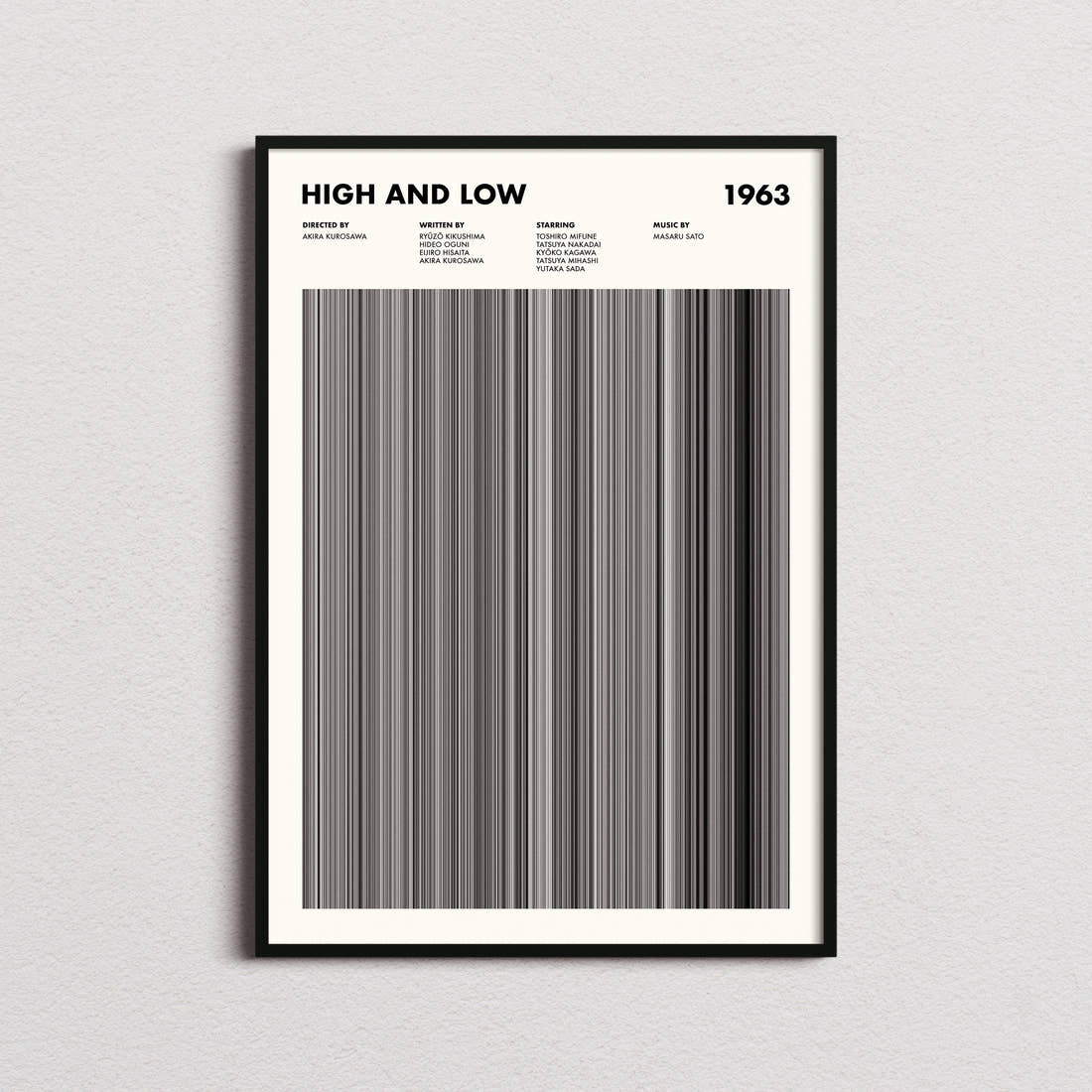 High and Low Movie Barcode Poster framed on a plain studio wall