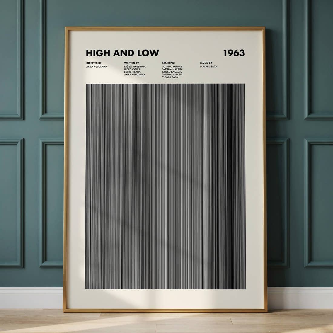 High and Low Movie Barcode Poster framed and leaning against a panelled wall