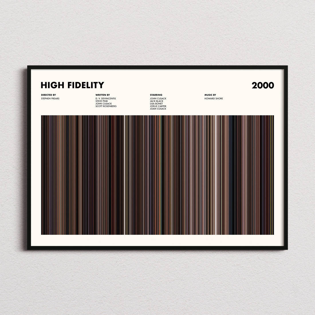 High Fidelity Movie Barcode Poster framed and photographed straight on