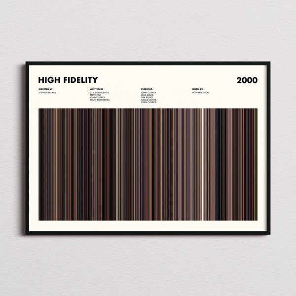 High Fidelity Movie Barcode Poster framed and photographed straight on