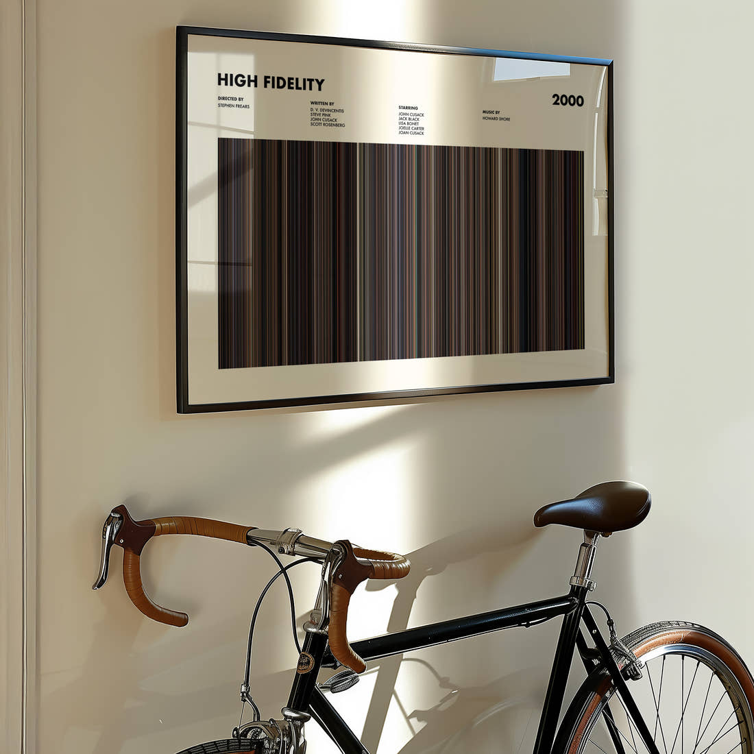 High Fidelity Movie Barcode Poster framed on the wall of a styled room setting