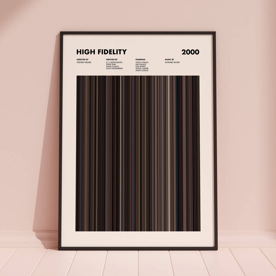 High Fidelity Movie Barcode Poster framed and leaning against a coloured wall