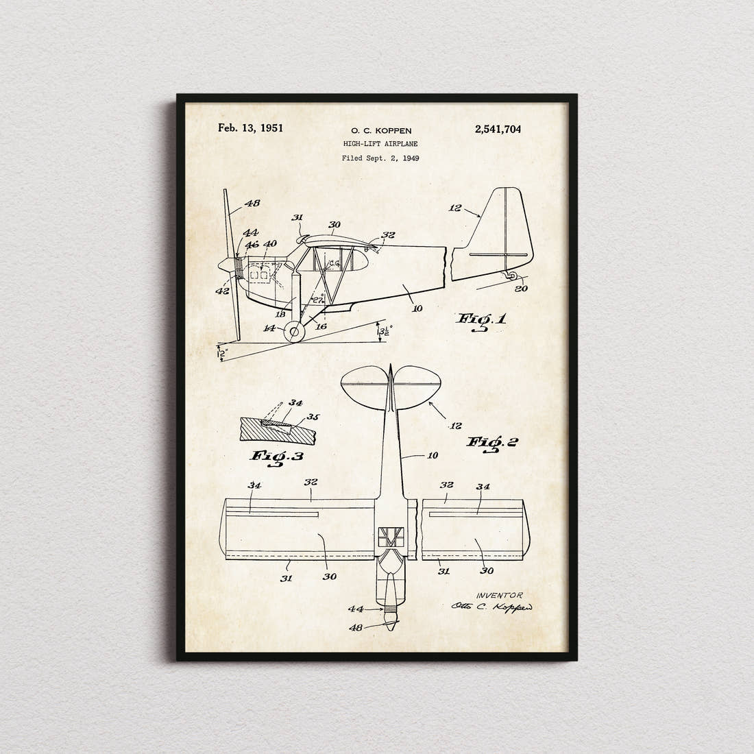 High Lift Airplane Patent Print in the aged paper colourway, framed