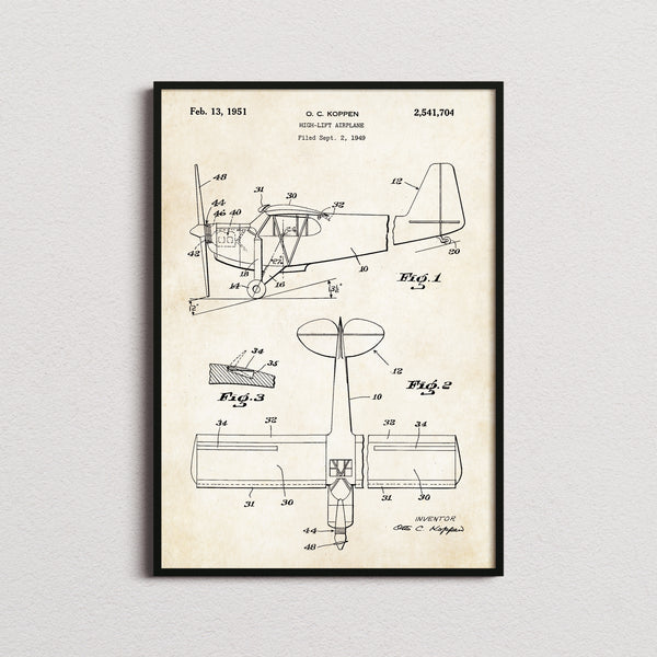High Lift Airplane Patent Print in the aged paper colourway, framed