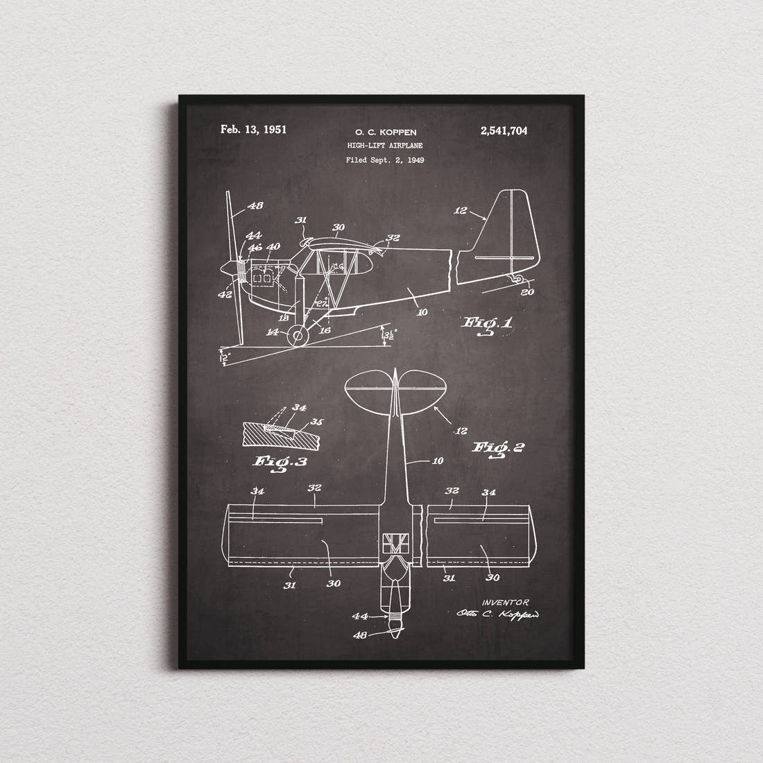 High Lift Airplane Patent Print in the blackboard colourway, framed
