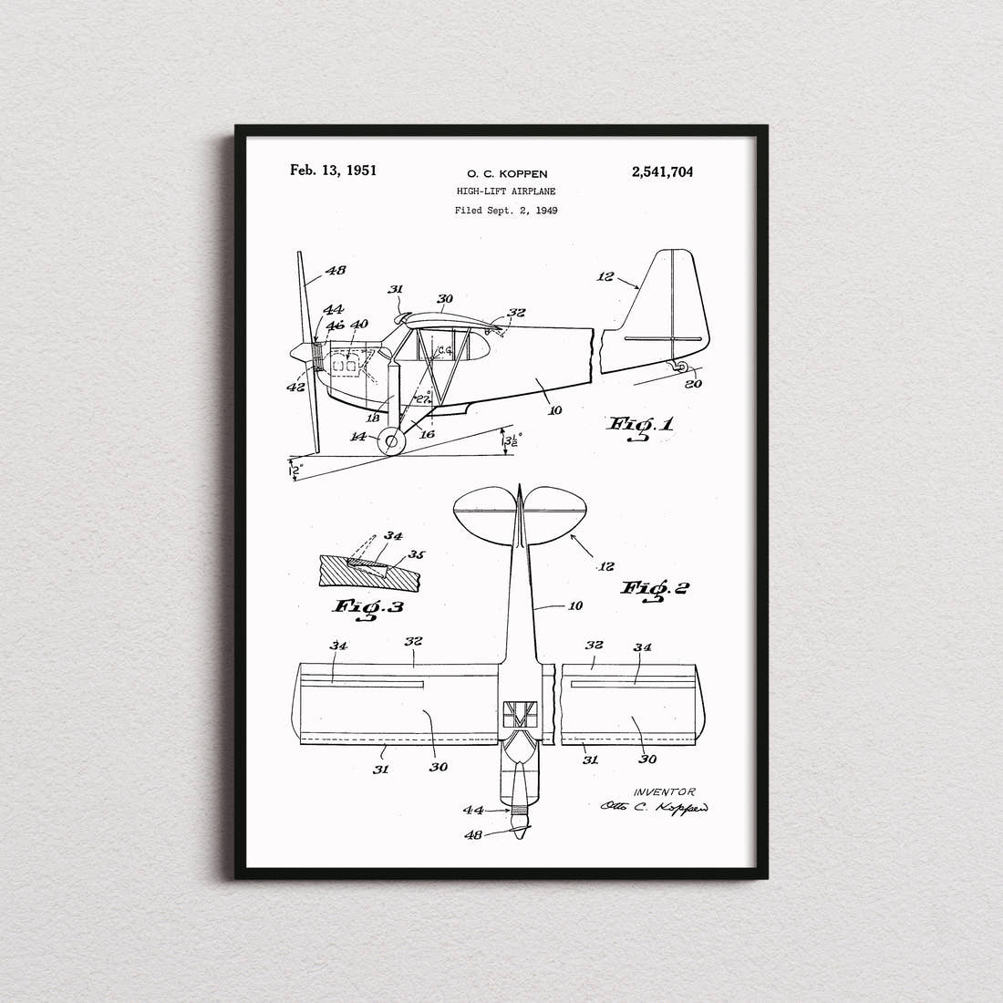 High Lift Airplane Patent Print in the white colourway, framed
