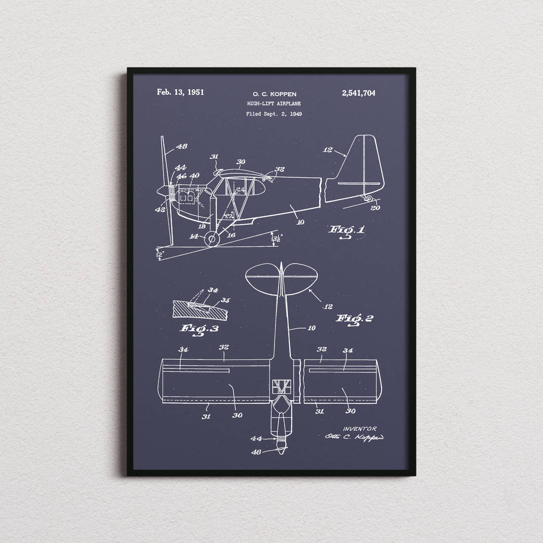 High Lift Airplane Patent Print in the navy colourway, framed