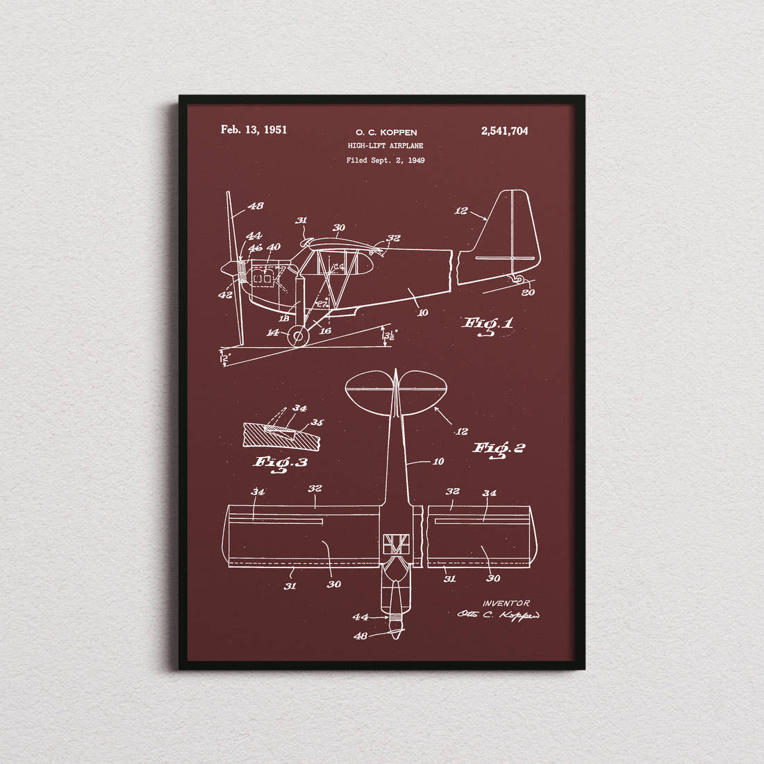 High Lift Airplane Patent Print in the burgundy colourway, framed