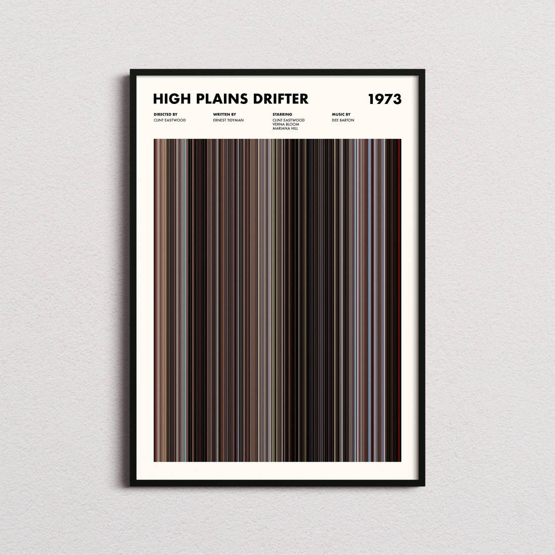 High Plains Drifter Movie Barcode Poster framed on a plain studio wall