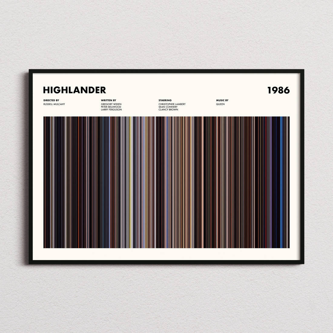 Highlander Movie Barcode Poster framed and photographed straight on