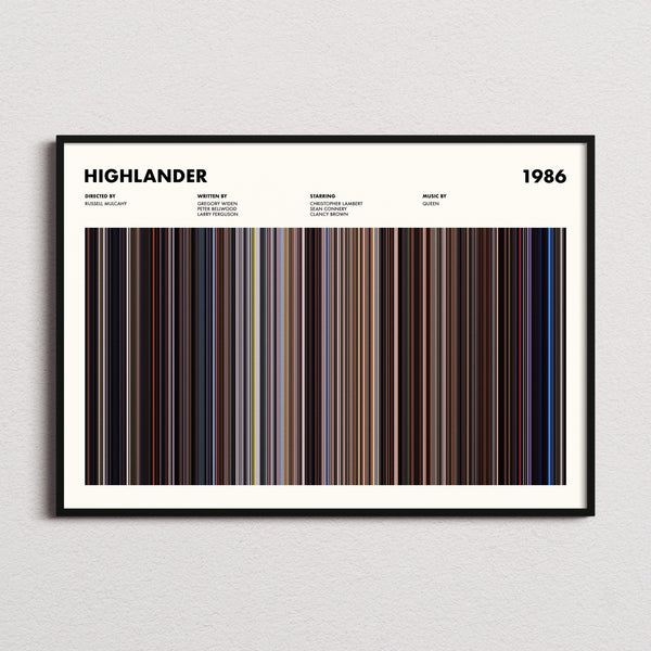 Highlander Movie Barcode Poster framed and photographed straight on