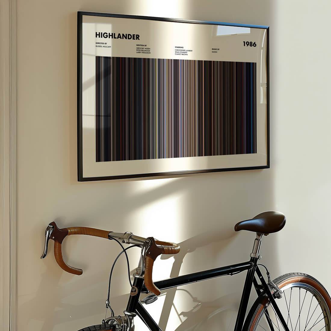 Highlander Movie Barcode Poster framed on the wall of a styled room setting