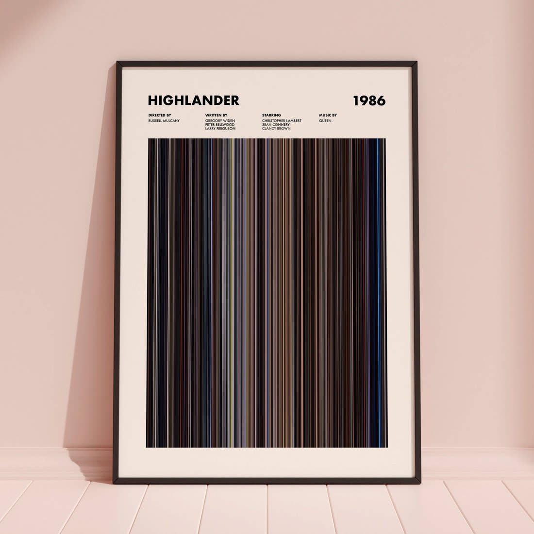 Highlander Movie Barcode Poster framed and leaning against a coloured wall