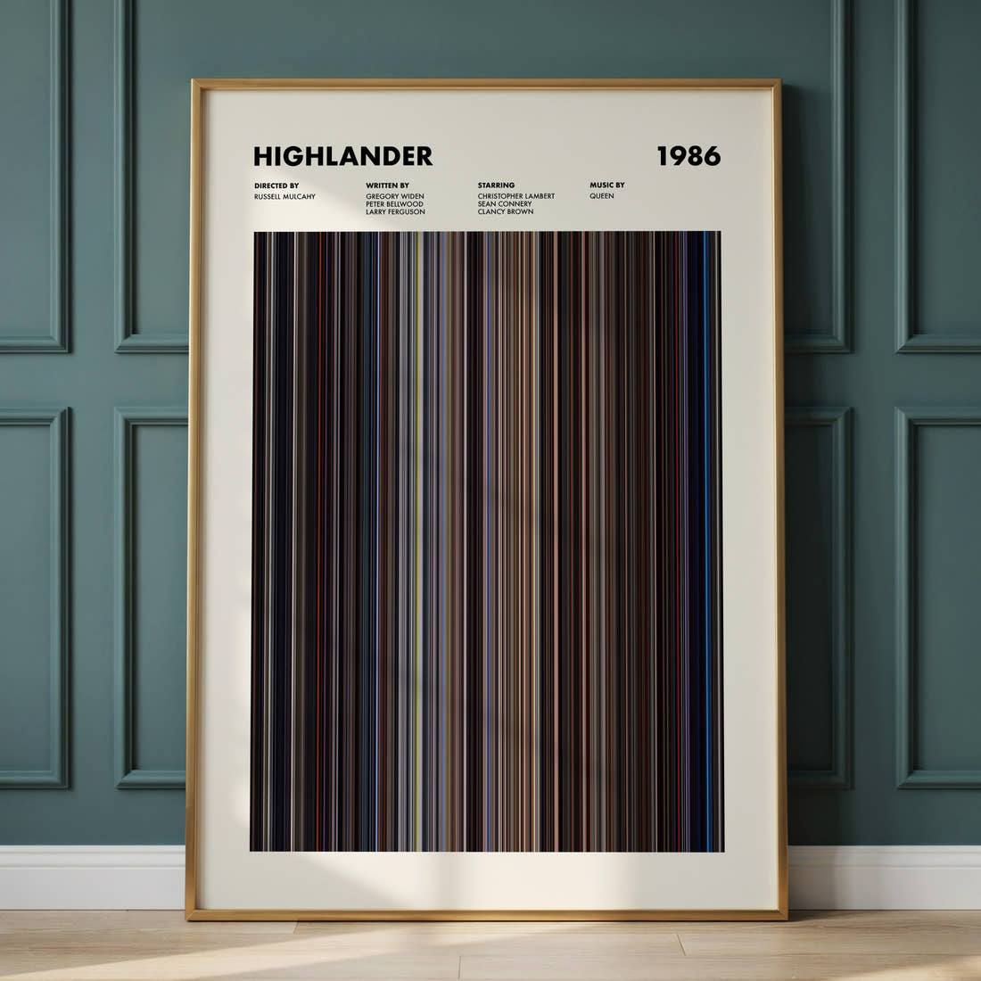 Highlander Movie Barcode Poster framed and leaning against a panelled wall
