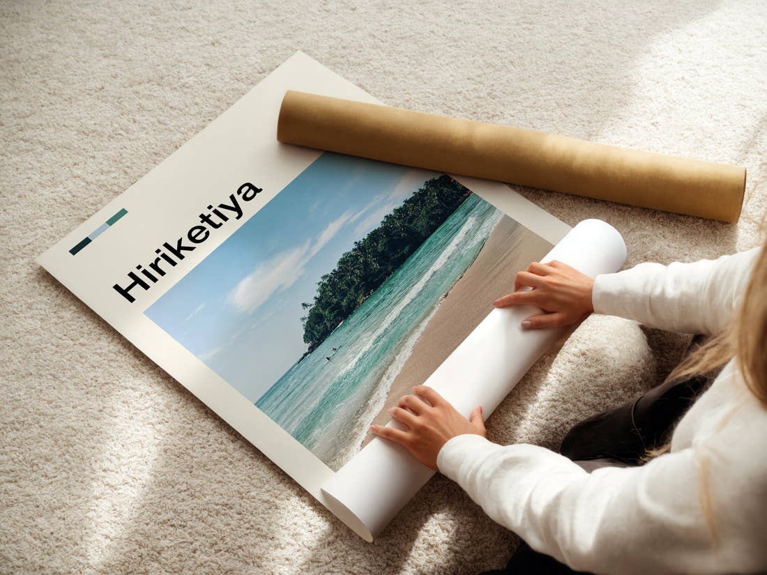 Hiriketiya Horseshoe Bay Cove Travel Print being unrolled from its postal tube