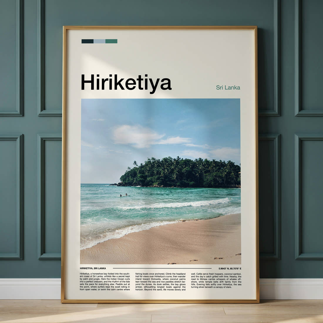 Hiriketiya Horseshoe Bay Cove Travel Print framed on the wall of a calm, neutral bedroom
